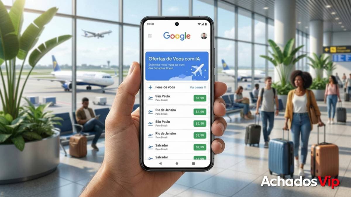 Tela do celular mostrando a nova busca por IA do Google Voos com sugestões de destinos e preços.